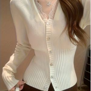 TEMU 여성용 V넥 레이스 패널 스웨터 - 슬리밍 레이어링 블라우스, 고탄력 솔리드 컬러 탑, 가을/겨울용 우아한 오피스 & 캐주얼 웨어, 드레스/청바지용 V넥 스웨터 (손세탁/드라이클리닝)