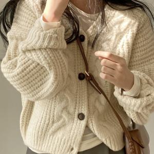 TEMU 랜턴 슬리브 시크 가을 레이지 스타일 V넥 퍼프 슬리브 니트 루즈 가디건 스웨터 코트 여성용