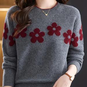 TEMU 버건디 플로럴 프린트 & 라운드 넥이 있는 오버사이즈 그레이 스웨터 - 긴 소매 겨울 스웨터 코트 재킷 같은 풀오버, 루즈핏 캐주얼 스웨팅-레이어링 탑 가을/겨울용 (손세탁 가능)