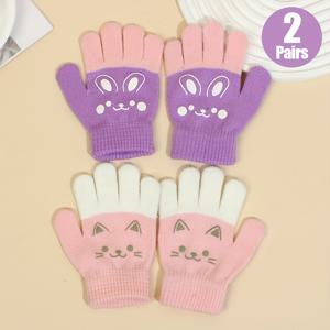 TEMU 귀여운 고양이 & 토끼 장갑 2켤레 - 사랑스러운 얼굴 디자인의 부드럽고 따뜻한 겨울 장갑, 미끄럼 방지 그립 & 간편한 세척 원단, 사계절 실내/외 착용, 여행, 하이킹 & 캠핑 장비에 적합 | 장난기 넘치는 장갑 디자인 | 튼튼한 원단 장갑