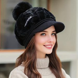 TEMU 여성용 겨울 플러시 베레모, 폼폼 & 챙 장식 - 부드럽고 따뜻한 기모 안감 비니, 조절 가능한 스냅 잠금, 가벼운 접이식 디자인, 핏으로 스키, 사이클링, 러닝, 추운 날씨에 적합한 헤드웨어 | 스타일리시한 겨울 모자 | 부드러운 질감의 모자