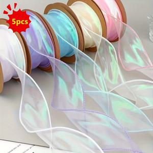 TEMU 5롤 인어 꼬리 오간자 리본 | 9.14m 멀티 컬러, 공예, 꽃다발, 선물 포장 및 장식에 적합 - 크리스마스, 부활절, 발렌타인데이에 완벽