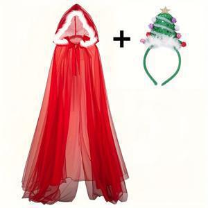 TEMU 2개 크리스마스 트리 머리띠 및 더블 크리스마스 레이스 케이프 세트, 푹신한 트림이 있는 후드 디자인, 의상, 축제 액세서리, 의상에 적합