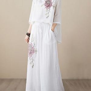 TEMU 여성 여름 얇은 캐주얼 라운드 면마 엄마세트 자수 루즈핏 빈티지 중년 반팔 티셔츠 바지 투피스 슬림소녀 SLIM GIRL