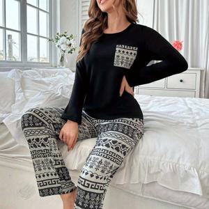 TEMU 여성 가을/겨울 잠옷 세트 - 캐주얼 크루넥 긴팔 상의와 프린트 바지, 아늑한 니트 폴리에스터-엘라스테인 블렌드 잠옷 세트