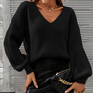 TEMU 프렌치 스타일 V넥 스웨터 - 고탄력 겨울 코트, 릴랙스드 드롭 숄더 핏, 솔리드 컬러 우아한 가을/겨울 레이어링 스웨터, 세탁기 사용 가능 (스페셜 라인 컬렉션) - 추운 날씨를 위한 드레서의 추천