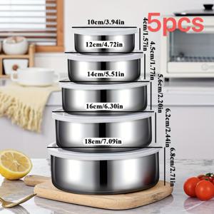 TEMU 레오즈 스테인리스 스틸 식품 보관용기 5개 세트 - 뚜껑이 있는 내구성 강한 원형 스택 가능 캔스터, 야채, 과일, 건조식품, 향신료, 팬트리 정리용 - 주방용기 (손세척 가능)