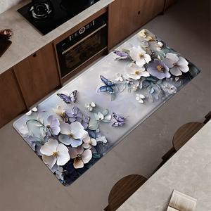 TEMU 3pcs 주방매트 세트, 2D 평면 나비꽃무늬 미끄럼방지 흡수성 매트, 거실·침실·욕조·빨래방 사무실용 편안한 스탠딩 발패드