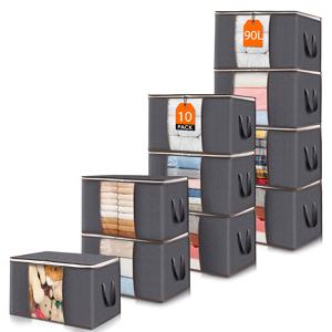 TEMU 10팩 90L 정리함 세트, 다기능 옷 정리함 뚜껑 포함, 접이식 담요 정리함 지퍼, 투명 창문 및 강화 손잡이, 옷장 및 정리용, 스웨터, 이불, 침구, 깔끔하고 정돈된, 공간 절약, 회색, 침대 밑 수납, 침구 정리함 세트, 옷, 수건 및 시트 정리용 가방, 이불 정리함, 침대 밑 수납, 옷 정리함|이불정리함