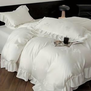 TEMU 3피스 침구 세트, 흰색 새틴 자카드 리본 장식, 레이스 이불 커버 및 베갯잇 포함.