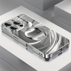 TEMU 아이폰 16프로맥스/16플러스/16프로/15프로맥스/15플러스/15프로/14프로맥스/14플러스/14프로/13프로/13/12프로맥스/12프로/12/11프로/11프로/11/xs맥스/xr/x/7플러스/7용 스타일리시 실버 애플 패턴 폰 케이스, HD 유리 보호 필름 및 렌즈 커버 포함