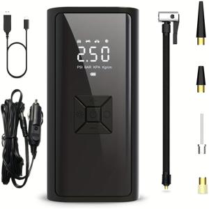 TEMU 이 제품은 타이어 공기 주입용으로 설계된 소형 에어 컴프레서이며, 150PSI까지 도달할 수 있습니다. 내장형 타이어 압력 게이지, USB를 통해 충전 가능한 18650 배터리, LED 라이트가 특징입니다. 단일 버튼으로 작동하여 빠르게 작동하며, Co