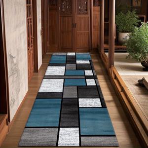 TEMU 1개, 골든 벨벳 긴 러너 매트, 블루 체크 디자인, 부드럽고 내구성 있는 질감, 실내 및 실외 마당에 적합, 세탁기 사용 가능, 홀웨이용 특대형 바닥 매트, 실내 격자 매트, 긴 러너 매트