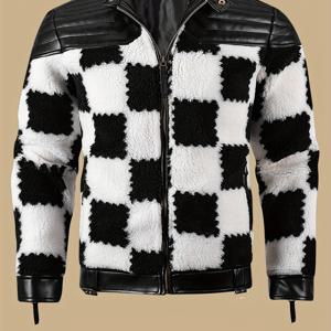 TEMU 남성용 플러시 안감이 있는 가죽 재킷 - 블랙 앤 화이트 체크 디자인, 스탠드 칼라, 지퍼업, 긴 소매, 포켓, 모든 계절에 적합한 캐주얼 스타일, 스타일리시한 아웃도어 웨어 | 체크 디자인 재킷 | 폴리에스터 안감