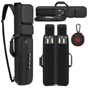 TEMU FANNOS 내구성 있는 검은색 PC 빌리어드 큐 케이스 - 범용 적합, 4개의 부트 & 4개의 샤프트를 수용, 숨겨진 배낭 스트랩, 대형 전면 액세서리 포켓, 풀 플레이어를 위한 이상적인 스포츠 가방 | 세련된 검은색 케이스 | 패딩 보호, 빌리어드 액세서리