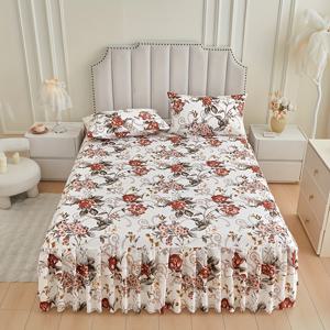 TEMU 한국 스타일 신상 봄 정원 꽃무늬 침대 스커트, 사계절용 유니버설 세트, 패셔너블 인조 퍼 베드스커트, 현대적 스타일 인터넷 셀럽 우아한 연잎 가장자리 더블 침대 시트