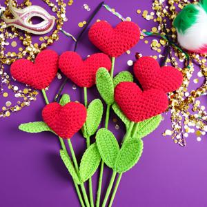 TEMU 6개 수제 크로셰 하트 부케 - 빨간 실 사랑 꽃과 녹색 줄기, 발렌타인데이, 어머니날, 졸업 선물용 내구성 있는 폴리에스터 홈 데코 - 로맨틱한 테이블 장식, 물주기가 필요 없는 크로셰 플라워, 정교한 공예