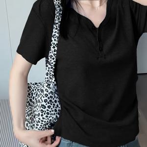 TEMU 여성용 V넥 반팔 티셔츠 - 슬림핏 리브드 탑, 블랙 캐주얼 시크 올시즌 셔츠, 청바지 & 스커트와 매치 가능한 기계 세탁 가능 필수 아이템, 신축성 좋은 스트레치 원단