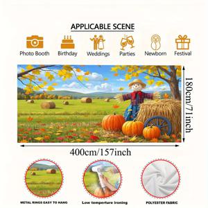 TEMU 파티 배너, 풀 플래그/1개 (157*71인치/400*180cm), 폴리에스터 소재, 가을 수확 축제 테마 차고 장식 배너, 황금 들판과 허수아비, 호박 등 요소 디자인, 수확 파티 모임 활동용, 전기 불필요