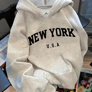 TEMU 뉴욕 레터 프린트 여성용 캐주얼 후드 스웨트셔츠, 긴 소매와 따뜻한 안감