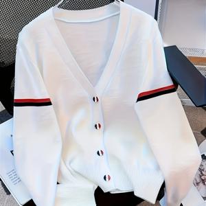 TEMU 우아한 트렌디 여성 V넥 가디건, 화이트 레드 & 블루 커프스, 가벼운 롱슬리브 레이어링 스타일, 봄과 가을을 위한 캐주얼 커뮤터 패션 가디건