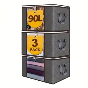 TEMU 3개 대용량 접이식 빨래망 - 강화 핸들, 튼튼 지퍼 & 투명 창문 포함, 담요·침구·옷장 정리용 그레이 퀼트 보관백, 침대 밑 수납