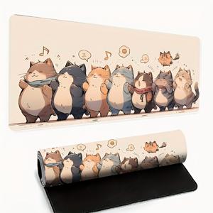 TEMU 귀여운 고양이 얼굴과 발자국이 있는 대형 마우스패드 - 미끄럼 방지 고무 베이스 데스크 매트, 게이밍 및 오피스용, 내구성 있는 천 소재 고양이 테마 선물