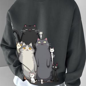 TEMU 남성용 캐주얼 고양이 프린트 스웨트셔츠 - 검정색, 장난기 있는 새끼고양이 & 고양이 디자인, 루즈핏, 긴 소매, 캐주얼 의상, 업무 및 파티에 완벽, 가족 및 친구를 위한 이상적인 선물, 고양이 옷