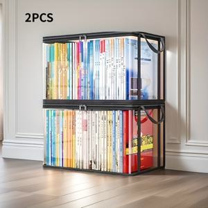 TEMU 2개 또는 4개 대형 투명 책 정리 가방 (뚜껑 & 손잡이 포함) - 내구성 강한 PVC 소재, 사무실/학교/도서관용 공간 절약형 보관함, 책/장난감/스낵 수납, 스택 가능 디자인, 가정 및 사무실 정리용, 튼튼한 구조, 책가방, 데스크 & 서랍 정리 솔루션