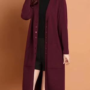 TEMU 2025 신상 가을/겨울 솔리드 컬러 롱 가디건 여성 코트, 루즈핏 패션 다용도 소프트 포켓 V넥 스웨터