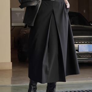 TEMU 여성용 하이웨이스트 드레이프 슈트 스커트, 미디 기장 한국 스타일 루즈 A라인 플리츠 우산 스커트, 포켓이 있는 탄성 허리 밴드 특징, 데일리 외출 및 통근에 적합, 벨트 없음.