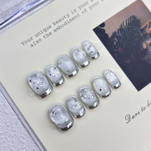 TEMU 10개입 핸드핀치 실버화이트 입체 스타 매직 미러 파우더 프렌치 프레스온 네일, 짧고 달콤하며 시원하고 귀여운 데일리용, 짧고 탈부착 가능한 인조네일, 여성 및 보관함 선물용|네일팁