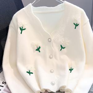 TEMU 여성용 화이트 카디건 스웨터 재킷 - 슬림핏 V넥 칼라 & 버튼 프론트, 그린 리프 어플리케 트림, 블라우스/드레스용 부드러운 겨울 코트, 캐주얼부터 포멀웨어까지 (손세탁/드라이클리닝)
