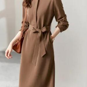 TEMU 2025 가을 겨울 신상 스탠드업 칼라 랜턴 슬리브 미디 스커트 우아한 출퇴근용 허리 드레스