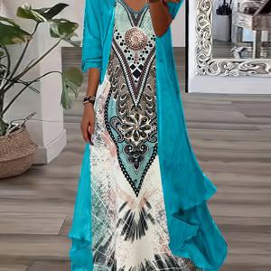 TEMU 패션 여성 민족 프린트 롱 드레스 투피스 세트, 여성 반팔 V넥 패턴 프린트 맥시 드레스