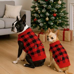 TEMU 1pc 아름다운 크리스마스 레드 체크 애완동물 스웨터 소형 중견 개용 부드럽고 따뜻하고 편안한 니트웨어, 터틀넥 디자인 탄력적이고 따뜻한 개용 겨울 의류, 스나우저 비숑용, 휴일 축하
