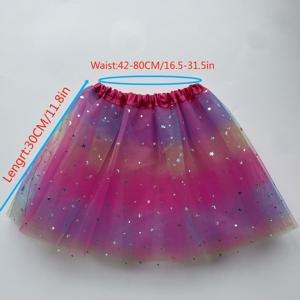 TEMU 이 튜튜 메쉬 스커트는 약 80cm에서 130cm 키의 어린이에게 적합한 축제 행사에 완벽합니다. 생일 파티, 댄스 공연, 축하 행사에 이상적이며, 스팽글과 별과 달 모티브가 있는 귀엽고 화려한 캔디 색상 디자인이 특징입니다.