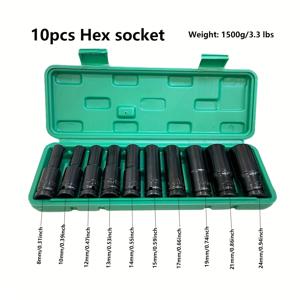 TEMU 10개 고탄소강 파워 소켓 세트, 드라이브 (8-24mm), 임팩트 렌치 어댑터, 내구성 및 다용도 자동차 수리 및 산업용, 안전한 녹색 보관 케이스 포함