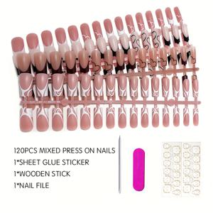 TEMU 120개 중형 스퀘어 프렌치 프레스 온 네일 - 매트 젤 팁, 기하학 & 하트 디자인, 핑크 & 브라운 혼합, 15가지 사이즈, 여성용, 일상/출근/파티