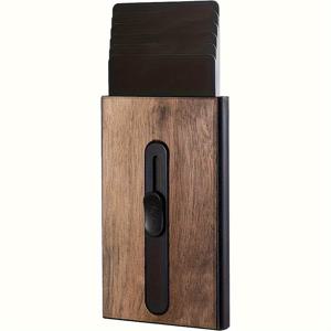 TEMU 바알러리 슬림 RFID 차단 지갑 - 팝업 신용카드 홀더, 도난 방지 보호, 카본 파이버 & 우드 디자인, 블랙 메탈 케이스, 7개 표준 카드 용량, 남녀 공용 완벽한 선물, 카드 홀더 지갑