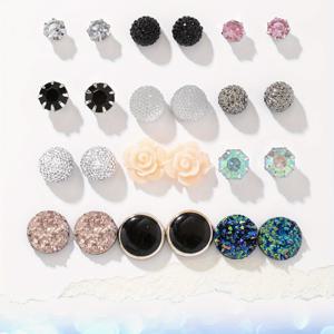 TEMU 12쌍 세트 멀티컬러 중복 없는 스터드 귀걸이 | 우아한 레진 및 유리, 합금 이어핀, 데일리 및 휴일 착용, 여성용 창의적인 패션 선물