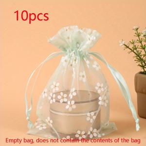 TEMU 10개, 오간자 끈 조절 선물 가방, 프린트 끈 조절 가방, 결혼식 파티 선물 가방, 스낵 초콜릿 포장 가방, 보석 포장 가방, 크리스마스, 할로윈