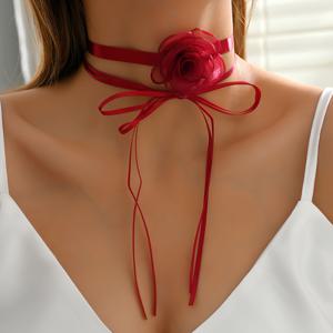 TEMU 1pc 빈티지 레드 플로럴 쇼커 넥레이스, 타이 노트, 합성 섬유 로프, 다용도로 일상 착용, 파티, 음악 페스티벌에 적합 - 올 시즌 액세서리