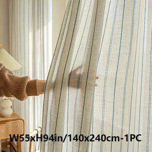 TEMU 1개 티야나 일본풍 쉬어 튤 커튼 - 가볍고 통기성 좋은 선스크린 보호, 거실, 침실 또는 파티오 도어용, 후크/루프 매달기, 손세탁 가능, 흰색에 파란 줄무늬, 거실용 커튼|커튼봉