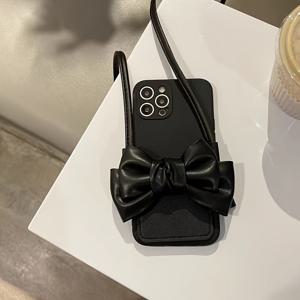 TEMU 아이폰 13 프로 맥스 모바일 폰 케이스에 적합한 새로운 블랙 보우 카드 홀더, 아이폰 12 프로 풀 커버 소프트 쉘 8 플러스 크로스바디 로프 여성용