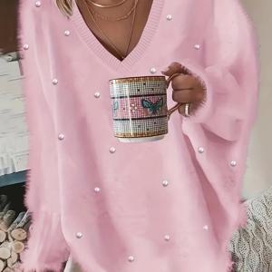 TEMU 플러스 사이즈 - 여성용 따뜻한 노란색 V넥 스웨터, 진주 버튼 및 플리스 안감이 있는 팔꿈치 - 비대칭 밑단, 기하학적 패턴, 캐주얼 겨울 풀오버, 캐주얼 의상, 겨울 의류 | V넥 스웨터 | 진주 버튼 세부 사항, 스웨터 드레스|빅사이즈