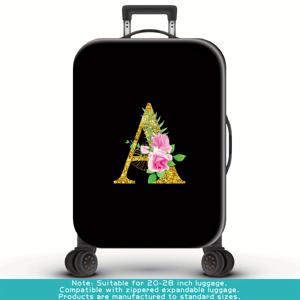 TEMU 골든 레터 & 로즈 플로랄 디자인의 스타일리시한 블랙 러기지 커버 - 20-28인치 케이스용 내구성 있고 세탁 가능한 폴리에스터 슈트케이스 보호대, 여행, 출장, 학교 사용에 완벽함