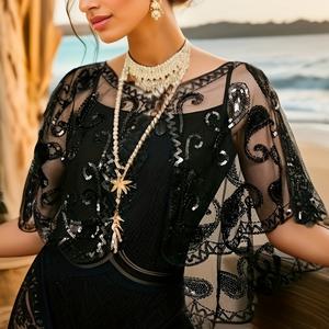 TEMU 1920년대 빈티지 시퀸 숄과 자수 레이스 트림 - 통기성 좋은, 신축성 없는 폴리에스테르 여성용 케이프 | 파티 및 이브닝 가운에 완벽함