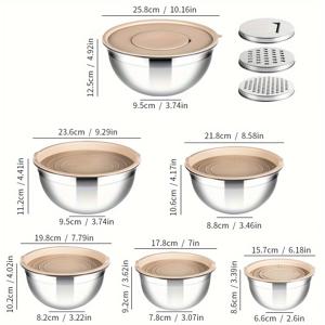 TEMU 15개 (6개 혼합용기 + 6개 뚜껑 + 3개 그레이터) 스테인레스 스틸 혼합용기 세트, 밀폐 뚜껑, 3개의 그레이터 부착물이 있는 계란이 있는 보관용기, 녹방 방지 메탈 주방 도구, 식기 세척기 안전, 샐러드, 혼합, 서비스에 이상적, 크리스마스, 할로윈, 부활절, 추수감사절, 노인 날에 완벽