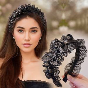 TEMU 빈티지 우아한 라인스톤 나비 메쉬 헤어밴드 - 여성용 - 단색 블랙, 리본 디테일, 스팽글 장식, 세련된 파티 헤어밴드 액세서리, 단일 품목